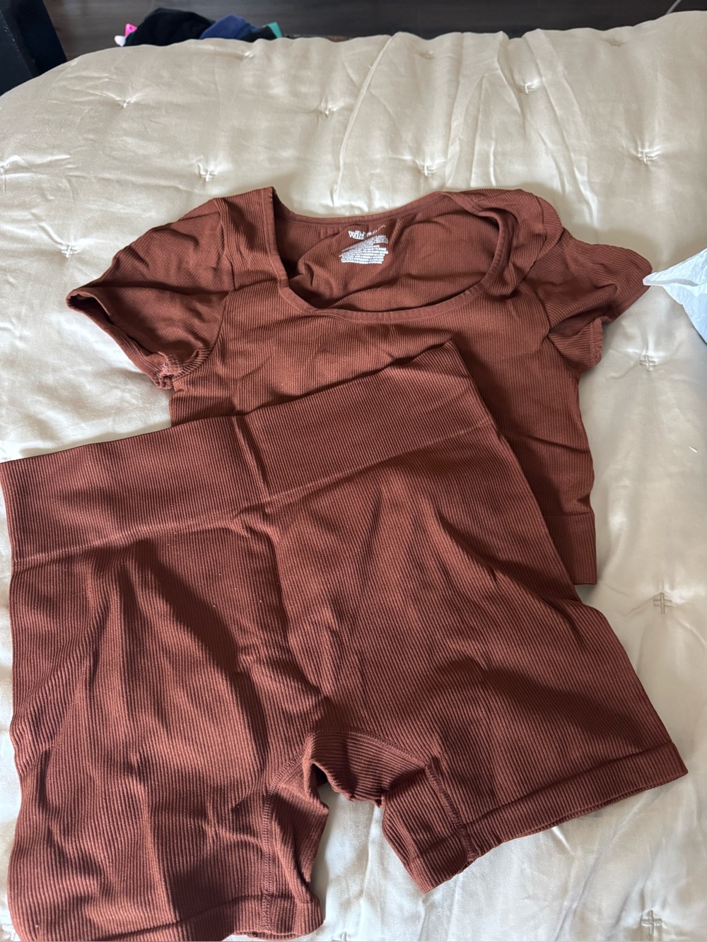 wild fable Ribbed Short Sleeve Top & Boxer Shorts Set — Brown
